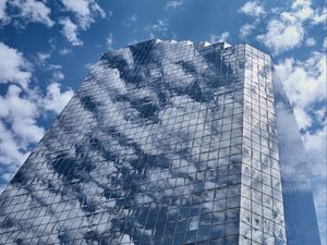 Preview wallpaper building, skyscraper, mirror, clouds, sky, blue, architecture