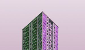 Preview wallpaper building, skyscraper, purple, minimalism, architecture