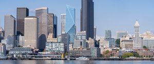 Preview wallpaper building, skyscrapers, river, ship, embankment