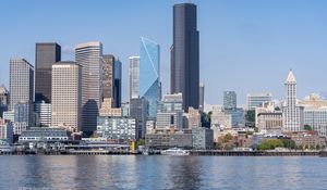 Preview wallpaper building, skyscrapers, river, ship, embankment