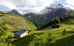 Preview wallpaper building, slope, mountains, branches