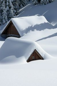 Preview wallpaper building, snow, hill, trees