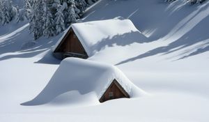 Preview wallpaper building, snow, hill, trees