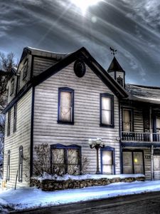 Preview wallpaper building, snow, mountains, countryside, hdr