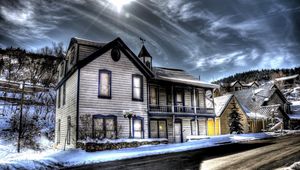 Preview wallpaper building, snow, mountains, countryside, hdr