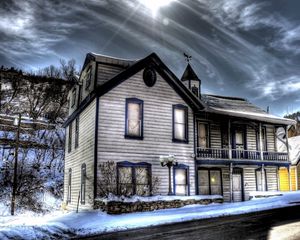 Preview wallpaper building, snow, mountains, countryside, hdr