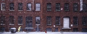 Preview wallpaper building, snow, windows, dog, winter