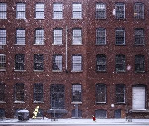 Preview wallpaper building, snow, windows, dog, winter