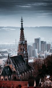 Preview wallpaper building, spire, aerial view, city, architecture