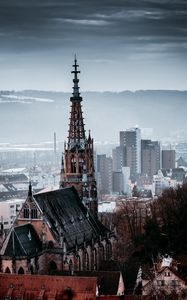 Preview wallpaper building, spire, aerial view, city, architecture