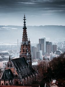 Preview wallpaper building, spire, aerial view, city, architecture