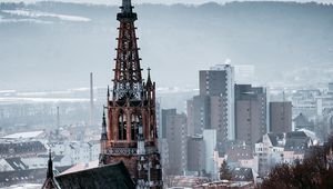 Preview wallpaper building, spire, aerial view, city, architecture