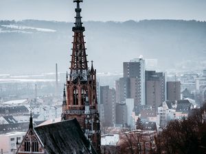 Preview wallpaper building, spire, aerial view, city, architecture