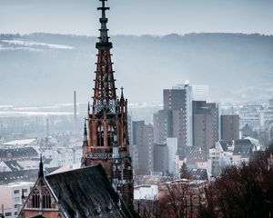 Preview wallpaper building, spire, aerial view, city, architecture