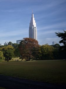 Preview wallpaper building, spire, lawn, park, trees, architecture