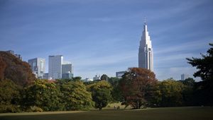 Preview wallpaper building, spire, lawn, park, trees, architecture