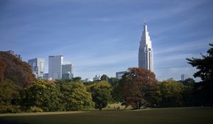 Preview wallpaper building, spire, lawn, park, trees, architecture