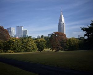 Preview wallpaper building, spire, lawn, park, trees, architecture