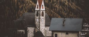 Preview wallpaper building, spire, mountains, architecture, chapel