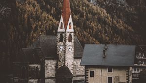 Preview wallpaper building, spire, mountains, architecture, chapel