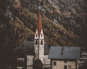 Preview wallpaper building, spire, mountains, architecture, chapel