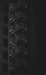 Preview wallpaper building, stairs, bw, railings, night