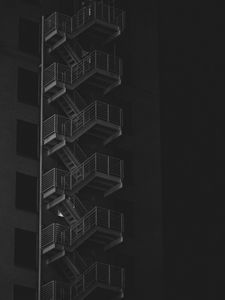 Preview wallpaper building, stairs, bw, railings, night