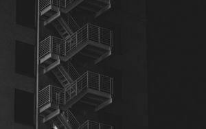 Preview wallpaper building, stairs, bw, railings, night