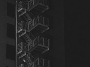 Preview wallpaper building, stairs, bw, railings, night