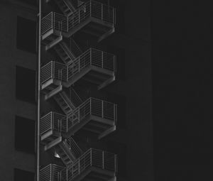 Preview wallpaper building, stairs, bw, railings, night