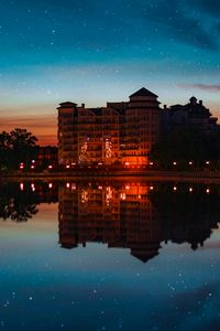 Preview wallpaper building, starry sky, architecture, sunset, reflection