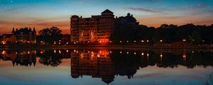 Preview wallpaper building, starry sky, architecture, sunset, reflection