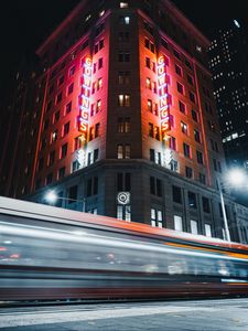 Preview wallpaper building, street, light, long exposure, neon