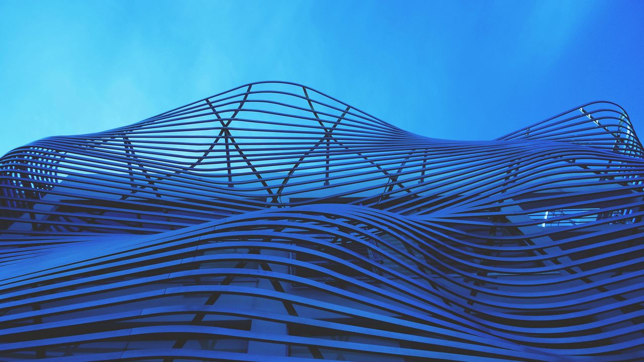 Wallpaper building, structure, stripes, curves, architecture, blue
