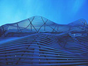 Preview wallpaper building, structure, stripes, curves, architecture, blue