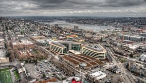 Preview wallpaper building, top view, city, metropolis, hdr