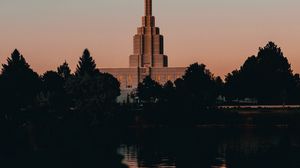 Preview wallpaper building, tower, architecture, lake, shore