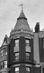 Preview wallpaper building, tower, architecture, bricks, windows, black and white