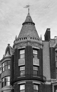 Preview wallpaper building, tower, architecture, bricks, windows, black and white