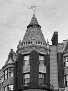 Preview wallpaper building, tower, architecture, bricks, windows, black and white