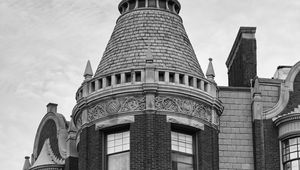 Preview wallpaper building, tower, architecture, bricks, windows, black and white