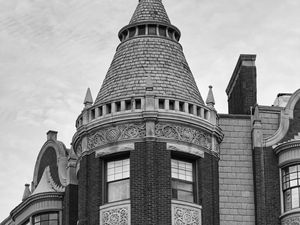 Preview wallpaper building, tower, architecture, bricks, windows, black and white