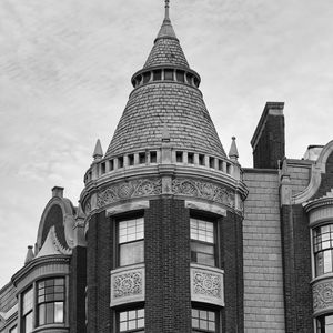Preview wallpaper building, tower, architecture, bricks, windows, black and white