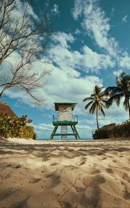 Preview wallpaper building, tower, beach, sand, palm trees