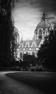 Preview wallpaper building, tower, clock, architecture, park, black and white