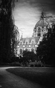 Preview wallpaper building, tower, clock, architecture, park, black and white