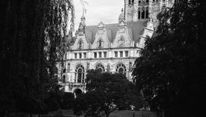 Preview wallpaper building, tower, clock, architecture, park, black and white