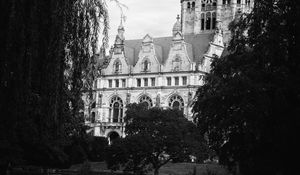 Preview wallpaper building, tower, clock, architecture, park, black and white