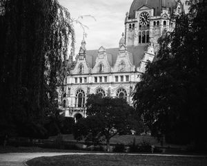 Preview wallpaper building, tower, clock, architecture, park, black and white