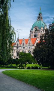 Preview wallpaper building, tower, clock, architecture, trees, lawn